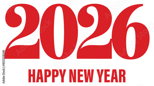Bold red “2026 Happy New Year” typography design for festive holiday greeting, celebration banner, seasonal card, and modern new year graphic artwork