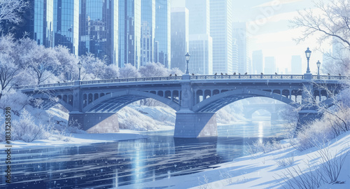 Elegant stone bridge spanning a snowy modern riverscape. Winter city river shining beneath a graceful arch bridge. Frosty urban bridge scene framed by tall icy towers