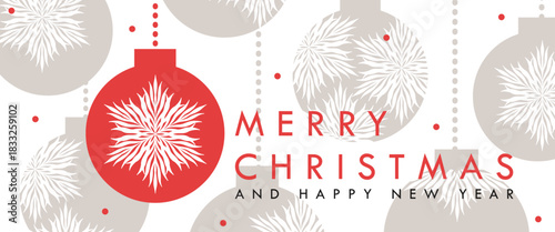 Christmas and New Year banner, greeting card, holiday cover, posters. Vector background with a red ball and abstract snowflakes on a white background