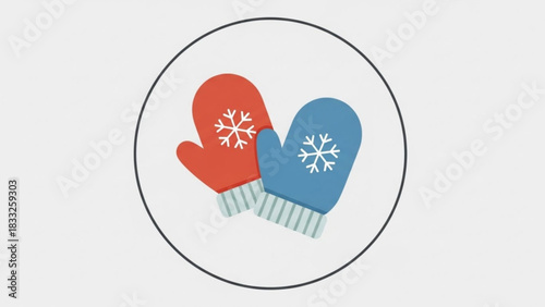 A pair of red and blue mittens with white snowflakes inside a black circle on a light gray background representing winter and cold weather protection