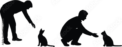 PrintBlack Silhouette Vector Illustrations of a Man Interacting with a Cat, Representing Pet Ownership, Affection, Companion Animals, Bonding, and Domestic Life with Pets.