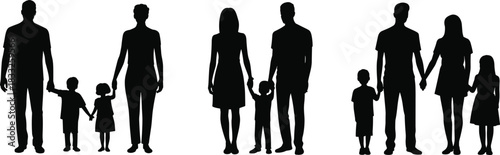 PrintBlack Silhouette Vector Illustrations of Parents and Children Standing and Cheering Together, Representing Happy Families, Childhood Joy, Parenthood, and Raising Kids with Love.