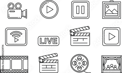 Black and White Outline Media Player, Video, Film, Cinema and Live Streaming Icons Set, Including Camera, Play, Pause, Clapperboard, Reel, and Movie Theatre Symbols.