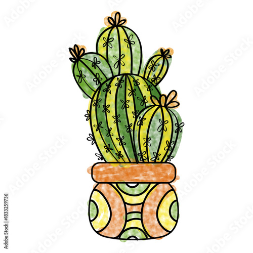 Hand drawn watercolor cactus plant pot