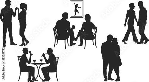 PrintSilhouettes of Couples Enjoying a Romantic Evening Out, Dining, Walking, and Socializing at a Stylish Restaurant or Bar with Art.