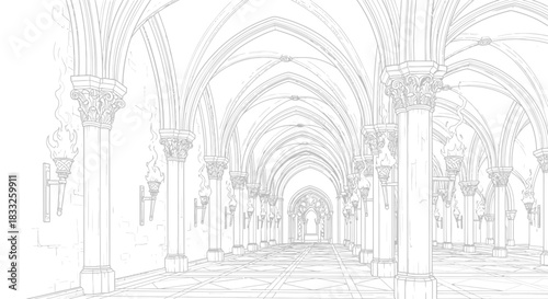 Line art illustration of a gothic cathedral hallway with torches and arches