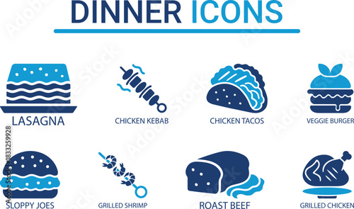 Dinner Icons: A Taste of Variety. Fill icons vector illustration