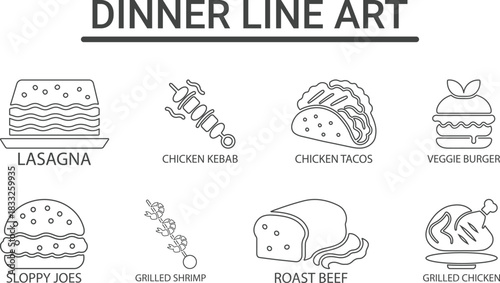 Culinary Line Art icons set Dinner Icons vector illustration