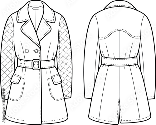 PrintBelted coat sketch, fashion illustration, quilted sleeve, notched collar, patch pocket, button front, garment design, technical drawing, black white outline