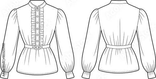 PrintBlouse sketch, fashion illustration, puff sleeve, high neckline, ruffle detail, belted waist, technical drawing, garment construction, black white outline