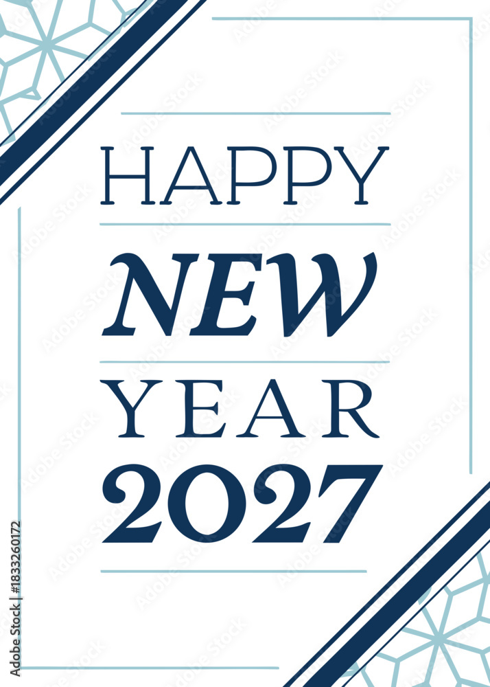 Obraz premium Happy New Year 2027 Illustration – Blue Geometric Corners & Bold Typography in Minimal Celebration Theme