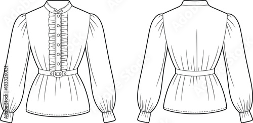 PrintBlouse sketch, fashion illustration, puff sleeve, high neckline, ruffle placket, belted waist, technical drawing, garment construction, black white outline