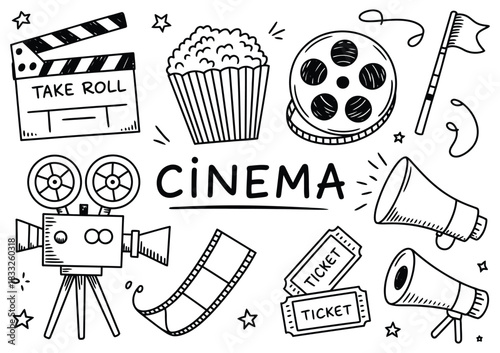Doodle Art Cinema Elements In Hand-Drawn Illustration Style Featuring Camera, Film Reel, Popcorn, Clapper, Tickets, And Creative Movie Icons For Entertainment Design, Decorative Graphics
