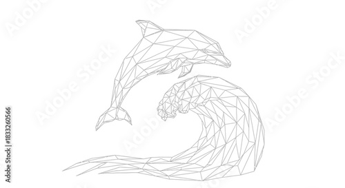 Geometric dolphin jumping over a wave in a low poly style on a white background