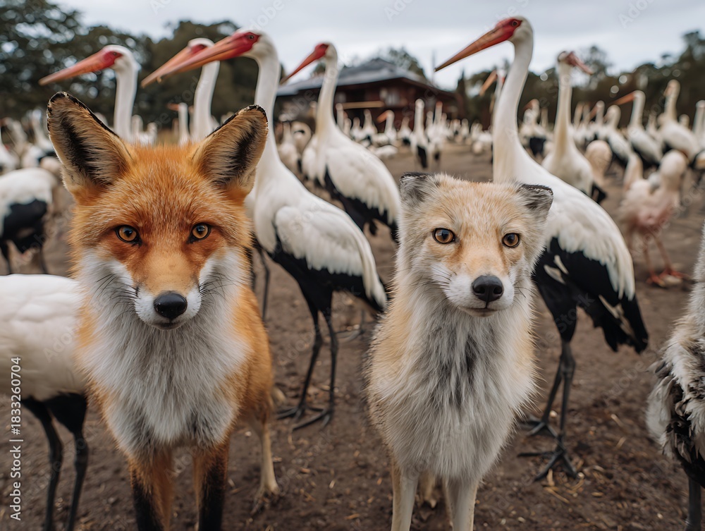Fototapeta premium Cute red fox and pale fox posing with white storks
