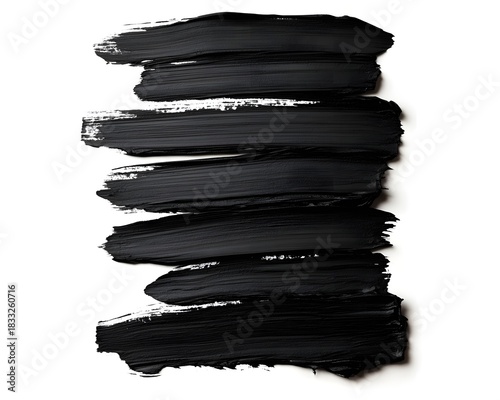 Multiple thick, dark pigment strokes layered vertically across a stark white background
