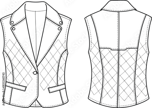 PrintQuilted vest sketch, fashion illustration, sleeveless design, notched collar, button front, technical drawing, garment construction, black white outline