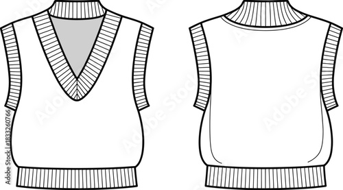 PrintKnitted vest sketch, fashion illustration, sleeveless design, V-neck front, ribbed texture, technical drawing, garment construction, black white outline