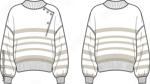 PrintStriped sweater sketch, fashion illustration, crew neckline, button shoulder, ribbed cuff, garment design, technical drawing, black white outline, knitwear style
