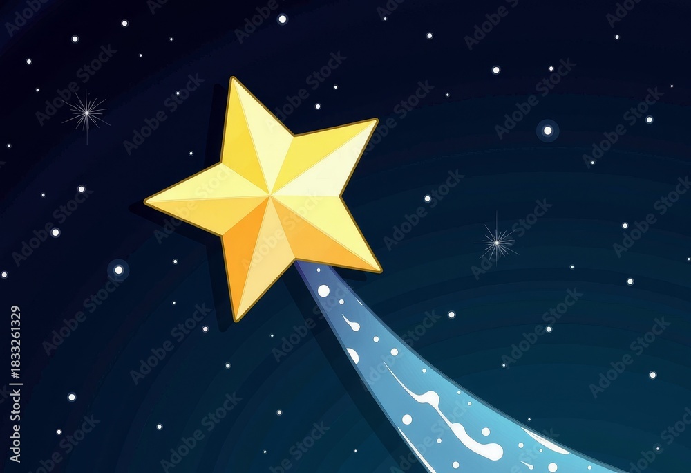 Obraz premium Shining Yellow Star with Tail Streaming Across Deep Blue Space Sky Studded with Small Distant White Stars