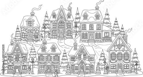 Winter village coloring page with houses and trees covered in snow for relaxation