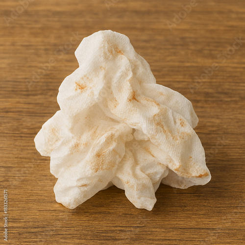 used tissue on a wooden surface. 