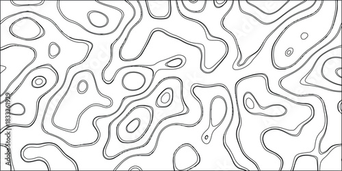 Black and White Abstract Topographic Contour Lines Creating Organic Shapes and Circular Patterns on a White Background for Scientific and Artistic Applications Keywords: abstract, topographic