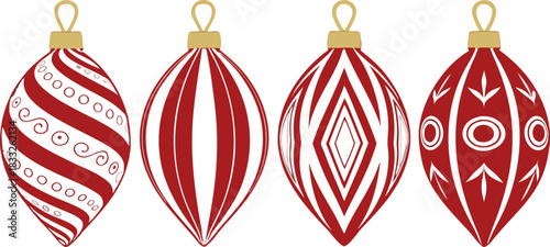 A set of sleek Christmas ornaments, each adorned with detailed patterns and vibrant colors. Vector, no background, high-quality.