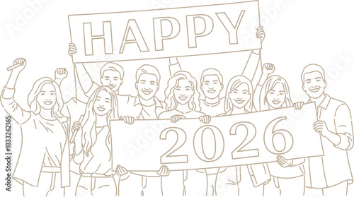 Group of diverse people holding happy and 2026 signs in a line art style