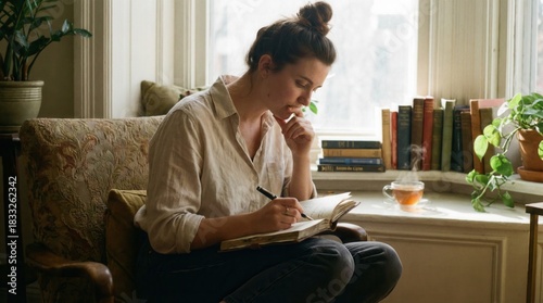 Young woman journaling on cozy armchair by bright window with books and tea practicing mindful self reflection at home