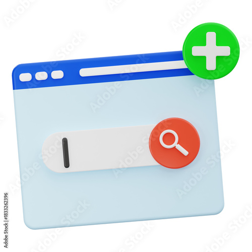Free Download 3D render of web browser window with search bar and green plus sign for new tab concept - GFXLoad