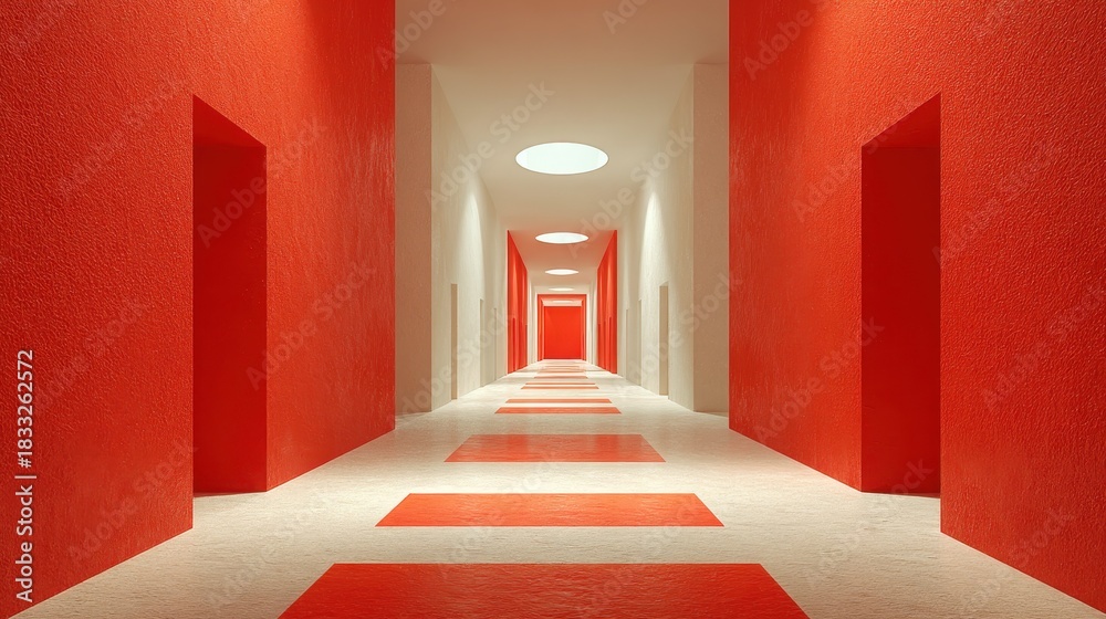 Obraz premium Symmetrical Red and White Futuristic Corridor 3D Render, Abstract Modern Minimalist Interior Architecture Background, Long Passage to Infinity for Sci-Fi or Gaming