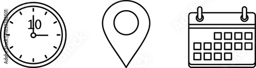 Time, Location, and Calendar Icons Se Planning Schedule Appointment Management Symbol, Minimal Line Art Vector Illustration for Business, Travel, and Event Organization.