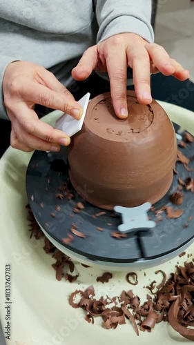 Craftswoman's hand smoothing a piece of clay on a potter's wheel.