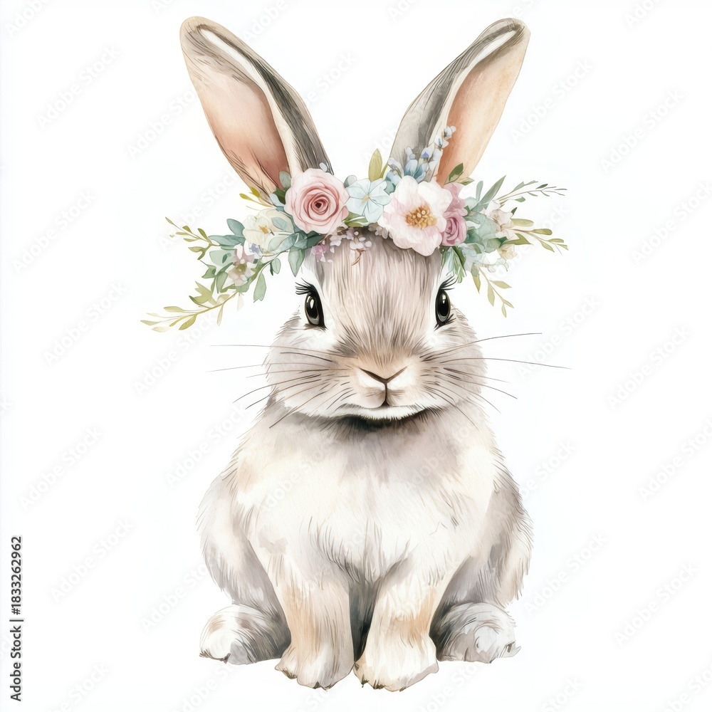 Obraz premium Cute Watercolor Rabbit Wearing Beautiful Floral Wreath Artwork