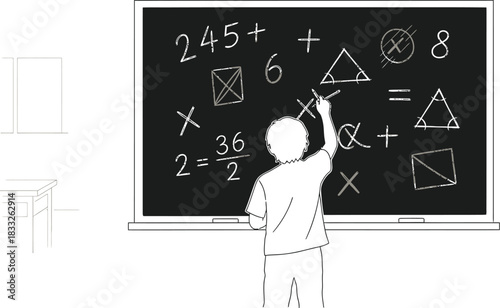 Child solving math problems on a chalkboard in a classroom illustration