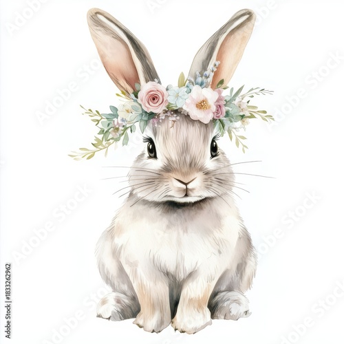 Cute Watercolor Rabbit Wearing Beautiful Floral Wreath Artwork