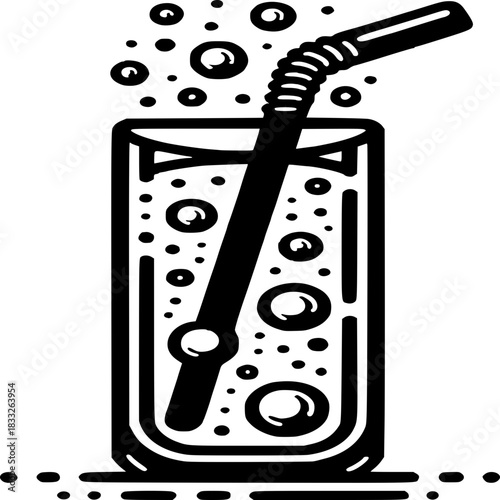 Refreshing Fizz: A minimalist illustration of a tall glass brimming with bubbly refreshment, complete with a straw, capturing the essence of a cool beverage.