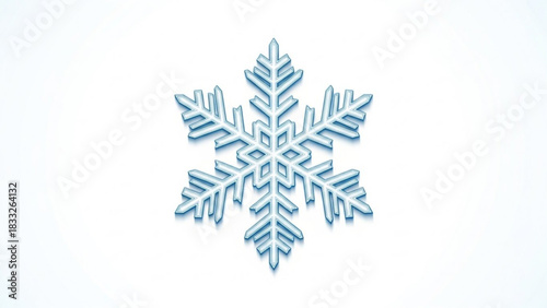 A single stylized blue snowflake with a subtle shadow effect rests on a clean white background symbolizing winter and cold