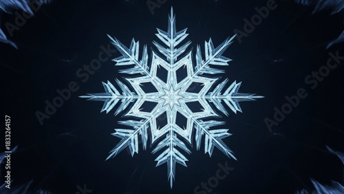A detailed luminous ice crystal snowflake with intricate geometric patterns glows against a dark moody background symbolizing winter s delicate beauty and cold