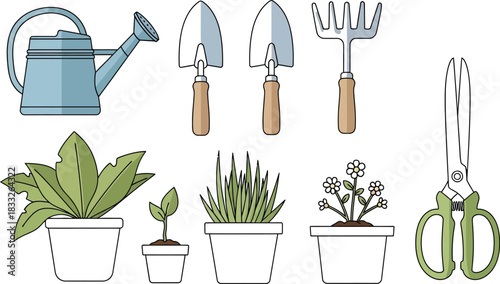 Essential Gardening Tools and Potted Green Plants Vector Illustration Set for Home Hobbies