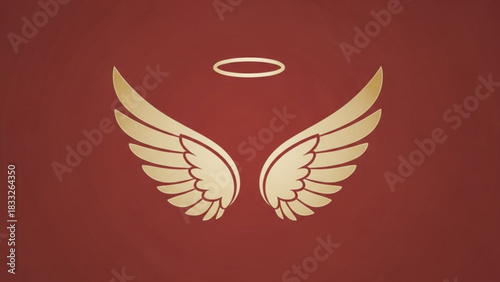 Elegant golden angel wings and halo symbol on a rich burgundy background representing divinity protection and aspiration
