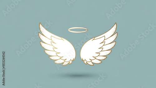 A pair of stylized white angel wings with a golden outline and a golden halo floating above them against a soft blue background with a subtle shadow