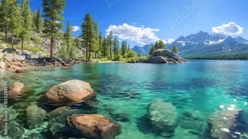 Stunning view of crystal clear turquoise alpine lake water with submerged rocks, pine trees, and snowcapped mountain range under bright blue sky 4k video