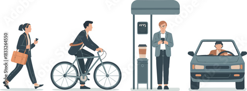 Urban city lifestyle with pedestrians, cyclists, bus stop commuters, and driver in car illustration on transparent background