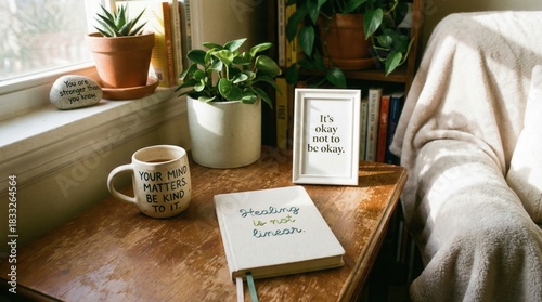 Warm mental health corner with plants mug and journal showing positive healing affirmations in gentle morning sunlight