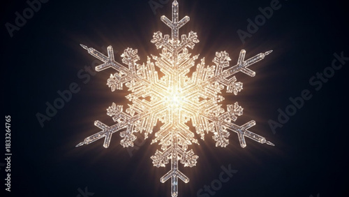 A luminous intricately detailed snowflake glows with warm light against a dark moody background casting radiant rays