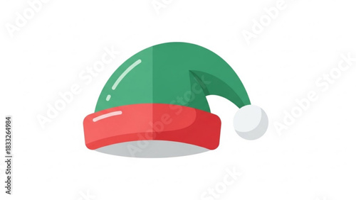 A festive green and red elf hat with a white pom pom perfect for christmas and holiday themed designs presented in a clean flat illustration style