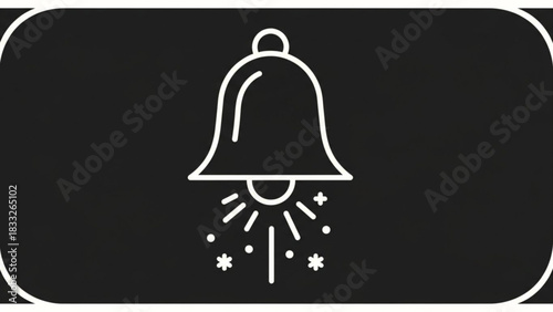 A simple white outline of a bell with a clapper and radiating lines and dots symbolizing notification or alert set against a dark background