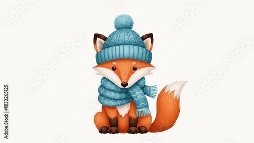 Adorable cartoon fox wearing a cozy blue knitted hat with a pompom and a matching scarf sitting patiently against a plain white background